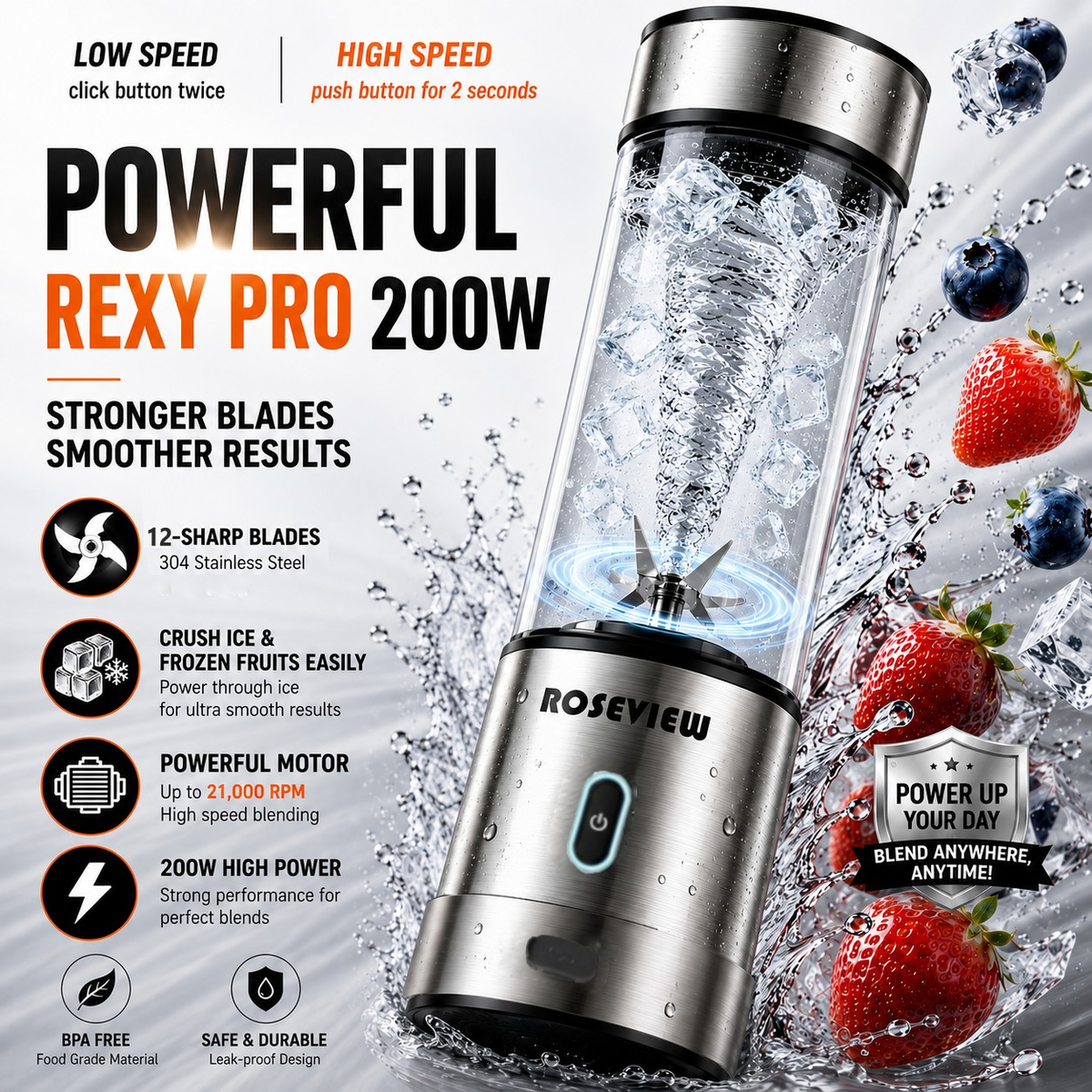 Portable Smoothie blender ROSEVIEW 15 Oz Glass bottle Rexy Pro 200W USB rechargeable mini Handheld Ice Crushing Shakes Cup blend juicer Cordless Personal smoothies maker mixer