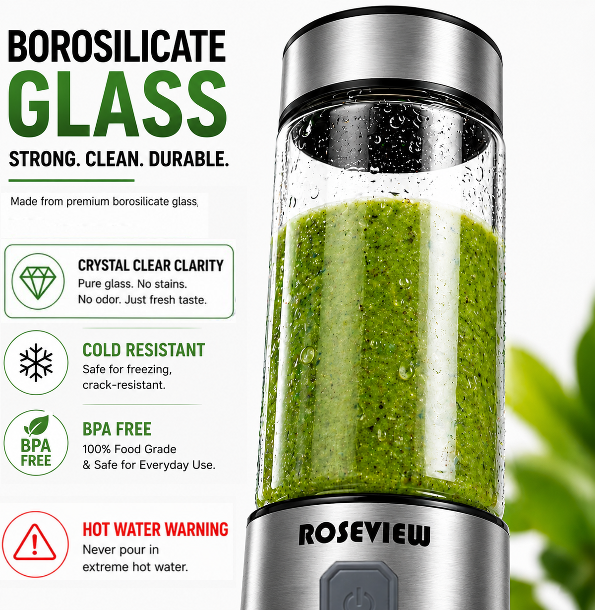 ROSEVIEW Blender Smoothie Portable jet blend smoothies Glass bottle Mini USB rechargeable Handheld battery hand Mixer Cup juicer Cordless (US)