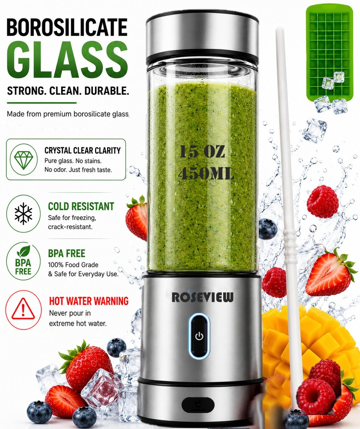 Portable Smoothie blender ROSEVIEW 15 Oz Glass bottle Rexy Pro 200W USB rechargeable mini Handheld Ice Crushing Shakes Cup blend juicer Cordless Personal smoothies maker mixer