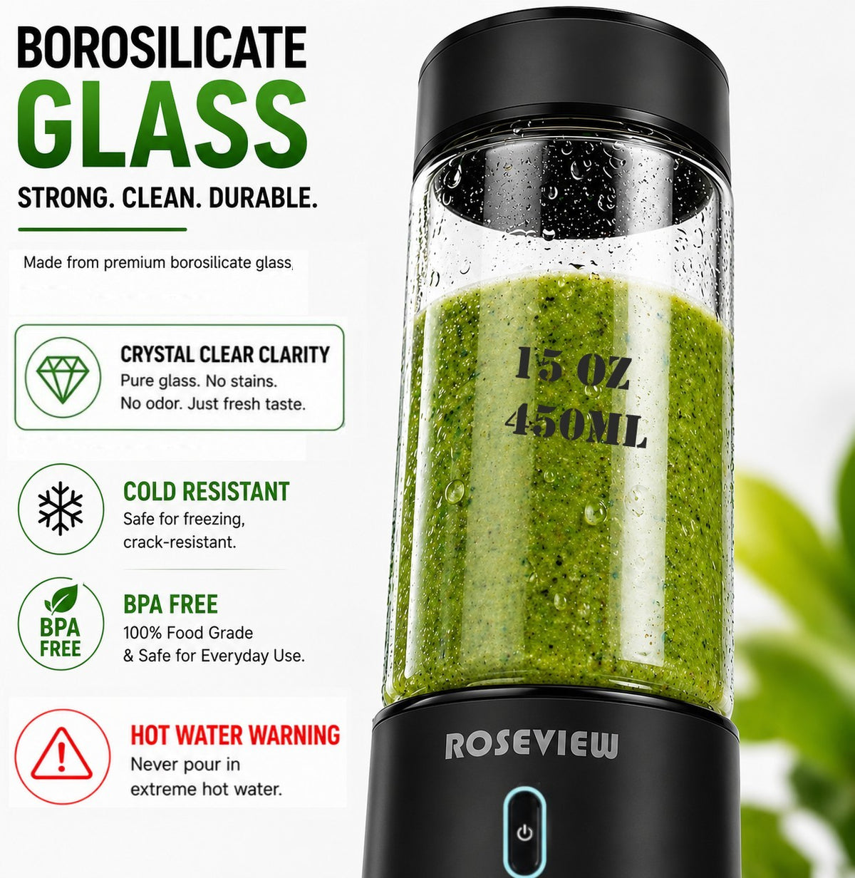 Portable Smoothie blender ROSEVIEW 15 Oz Glass bottle Rexy Pro 200W USB rechargeable mini Handheld Ice Crushing Shakes Cup blend juicer Cordless Personal smoothies maker mixer
