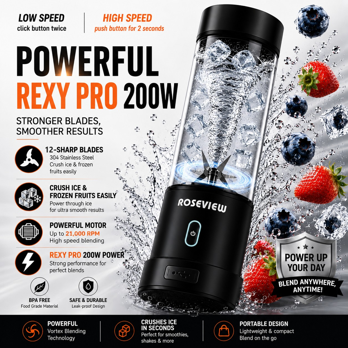 Portable Smoothie blender ROSEVIEW 15 Oz Glass bottle Rexy Pro 200W USB rechargeable mini Handheld Ice Crushing Shakes Cup blend juicer Cordless Personal smoothies maker mixer