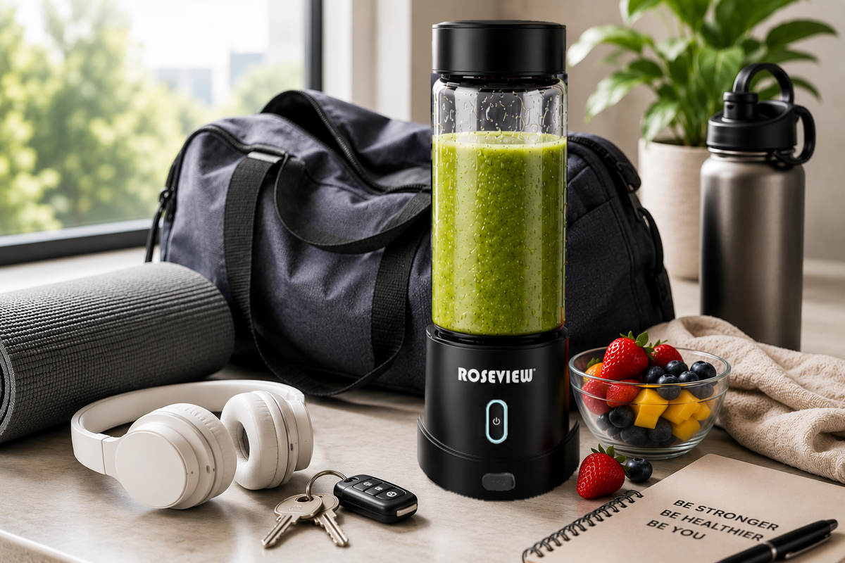 A portable electric blender bottle filled with green smoothie sits on a tabletop in a styled lifestyle setting. The bottle has a black base and lid with the brand name ROSEVIEW visible on the front.
