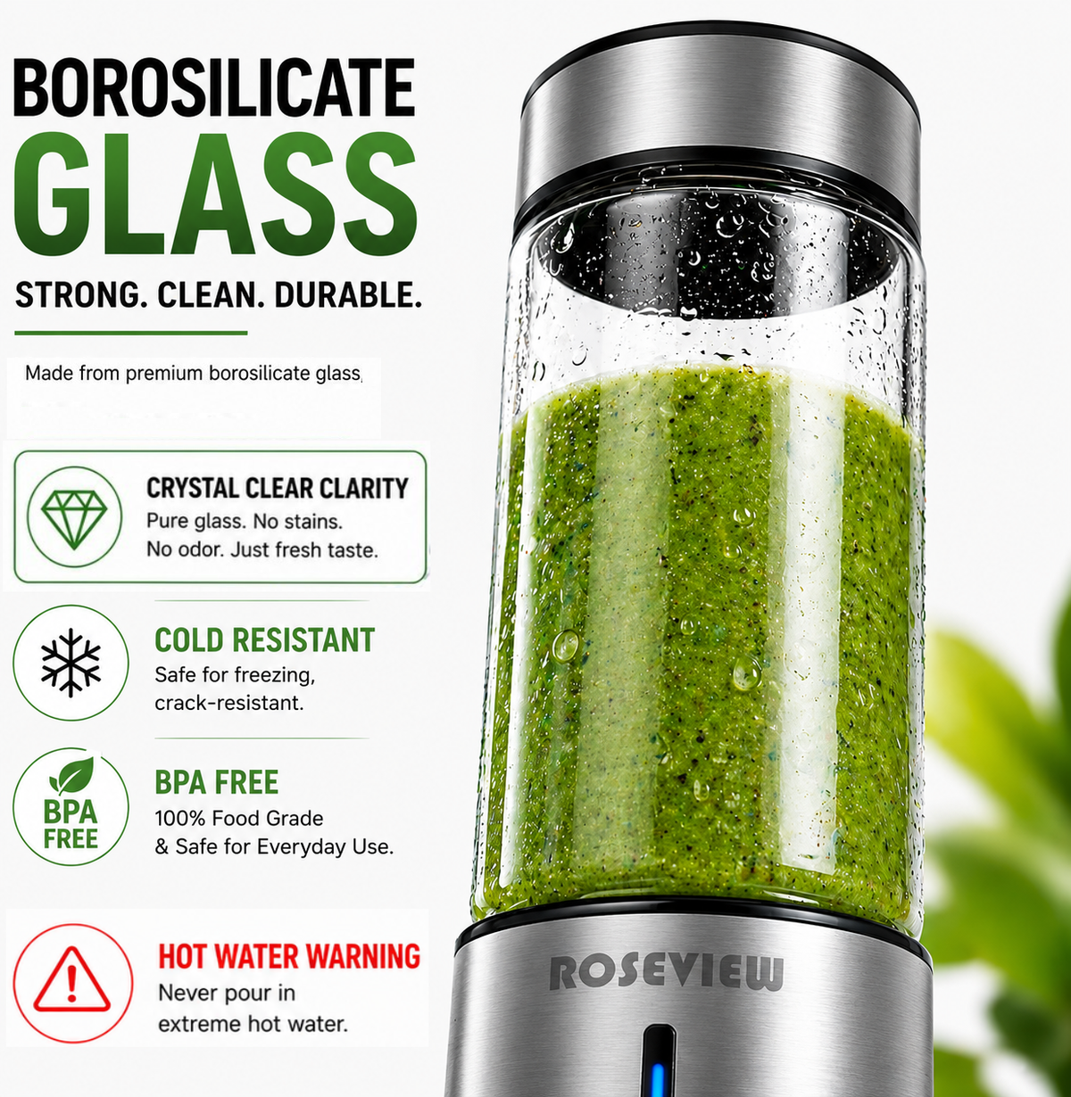 ROSEVIEW Blender Smoothie Portable for smoothies Glass bottle Mini USB rechargeable Handheld jet blend battery Shakes Cup juicer (US)