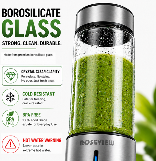 ROSEVIEW Portable Blender Smoothy blenders Glass Bottle Smoothie Mini Juicer Smoothies Mixer Maker Cordless juicer Travel Fruit Personal mixeur Cup melangeur Shake USB Rechargeable (CA, Metallic Steel)