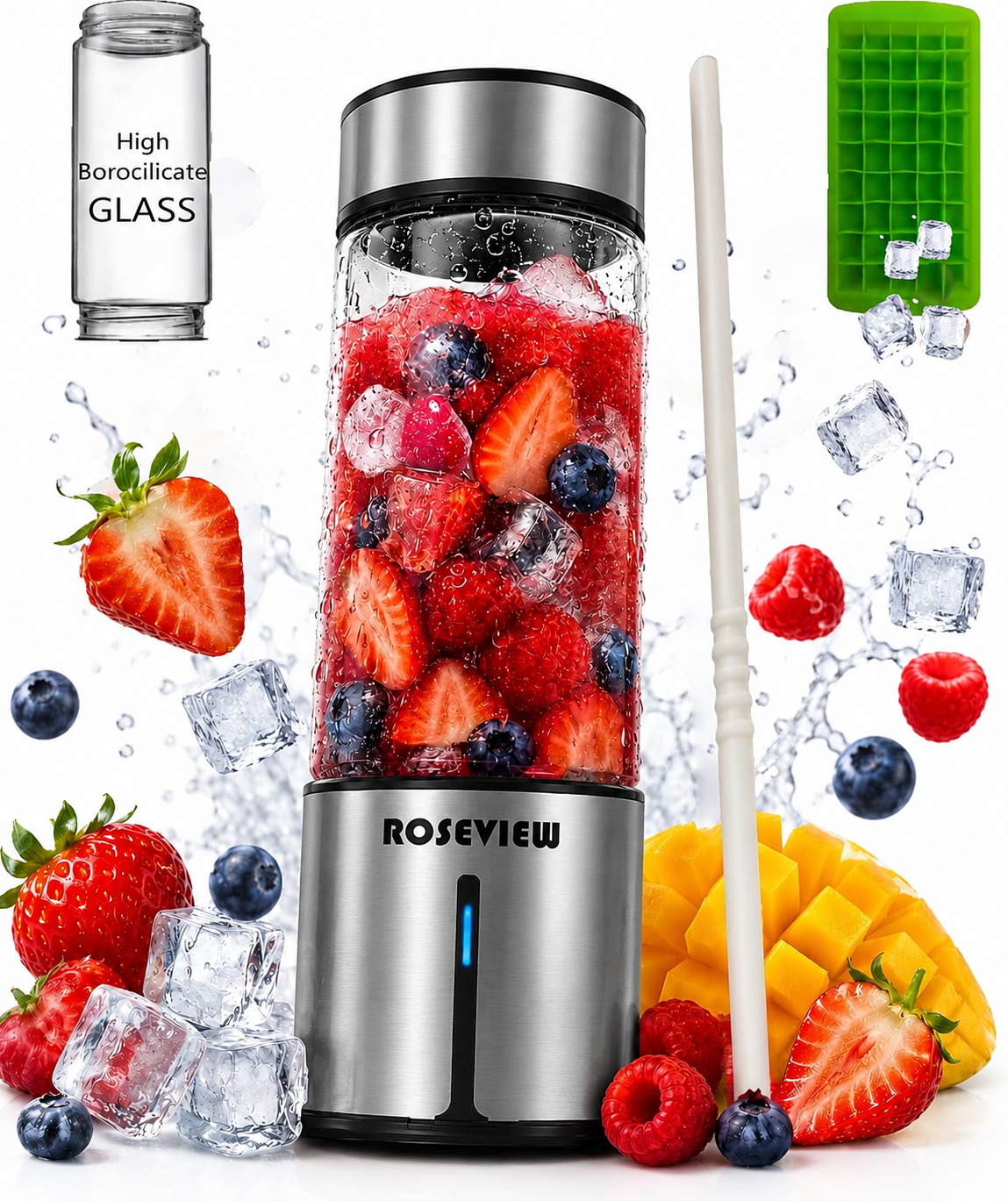 ROSEVIEW Blender Smoothie Portable for smoothies Glass bottle Mini USB rechargeable Handheld jet blend battery Shakes Cup juicer (US)