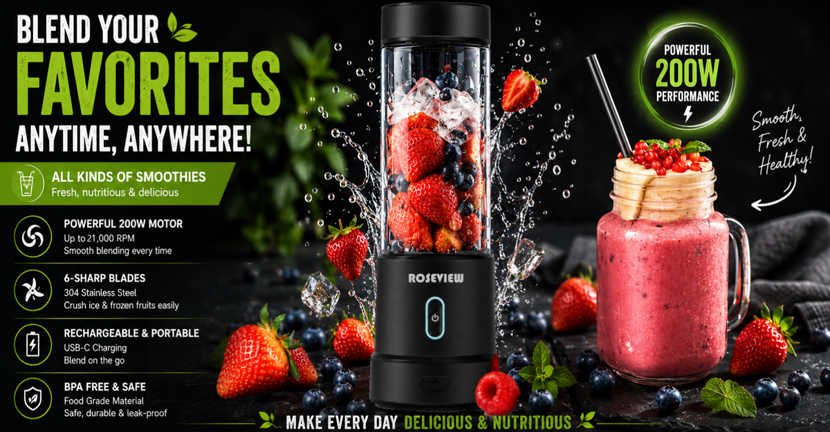 A promotional product graphic for the ROSEVIEW portable blender. The image features the black blender base with a clear cup filled with strawberries in the center, and a glass jar filled with a pink smoothie on the right.