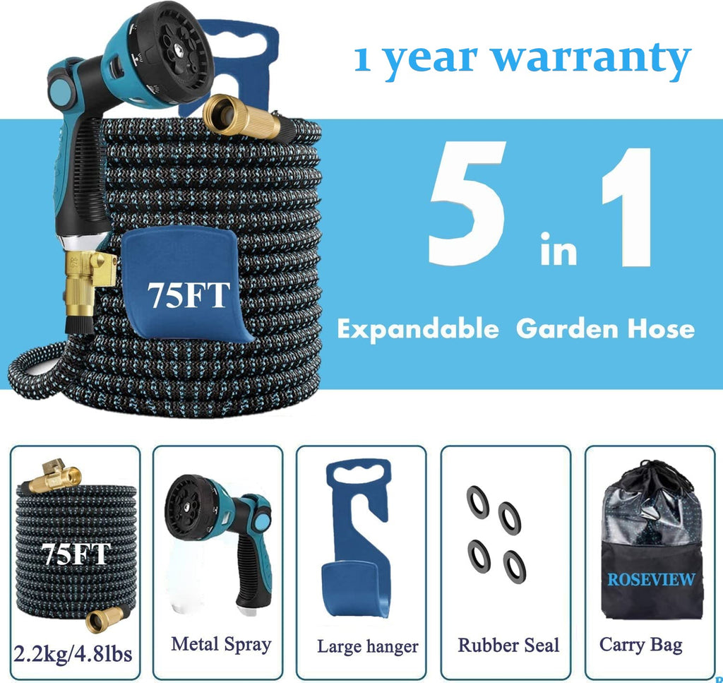 Garden Hose Expandable  75ft 100ft Expanding  75 feet 100 foot (CA, Dark Blue)